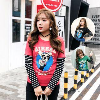 Dog Print Stripe Panel Long-sleeve T-shirt