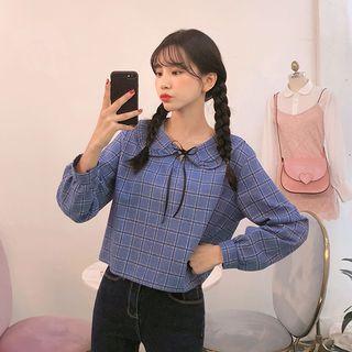 Frilled-collar Plaid Top