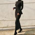 Long-sleeve Turtleneck Maxi Knit Dress Black - One Size