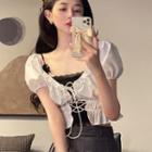 Set: Short-sleeve Lace-up Blouse + Camisole Top
