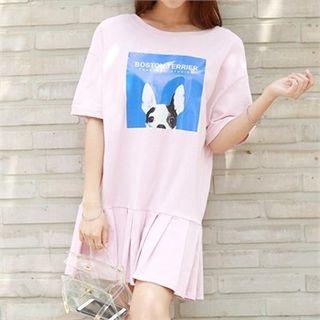 Pleated-hem Printing Mini T-shirt Dress