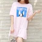 Pleated-hem Printing Mini T-shirt Dress