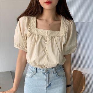 Short-sleeve Square-neck Lace Trim Blouse