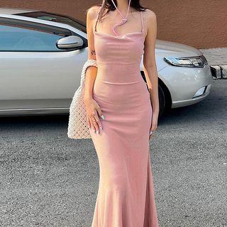 Spaghetti-strap Plain Maxi Mermaid Dress