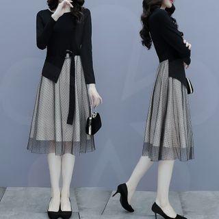 Mock Two-piece Asymmetric Lace-up Panel Dotted Dress