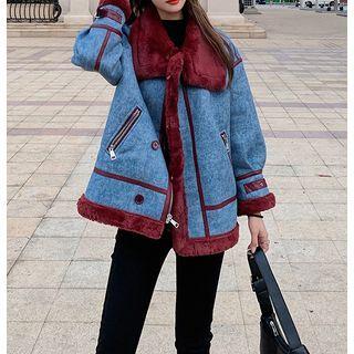 Furry Trim Denim Panel Jacket