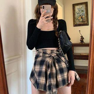 Contrast Trim Long-sleeve Crop Top / Plaid Skort