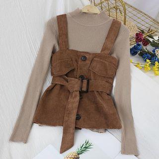 Corduroy Cropped Tank Top + Plain Semi High-neck Knit Top Set