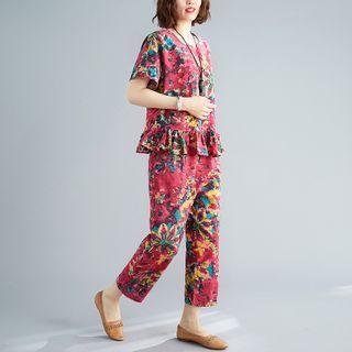 Set: Floral Ruffle Hem Top + High-waist Pants