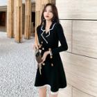 Notch Lapel Double-breasted A-line Mini Knit Dress
