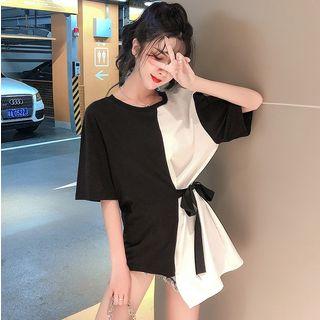 Tie-waist Colorblock Asymmetric T-shirt