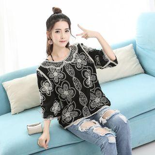 Elbow-sleeve Embroidered Top Black - One Size