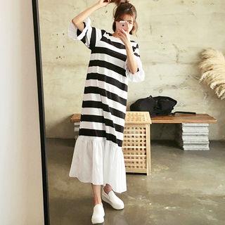 Ruffle-hem Striped Long Dress