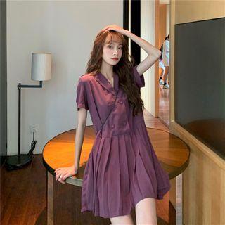Short-sleeve Double Breasted Pleated Mini Shirtdress