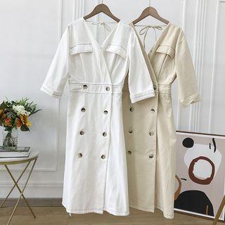 3/4-sleeve Stitched Trim Double Breasted A-line Midi Dress