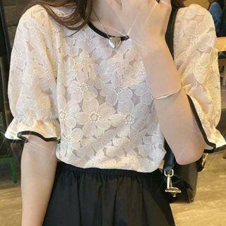 Short-sleeve Ruffle Trim Lace Mesh Blouse