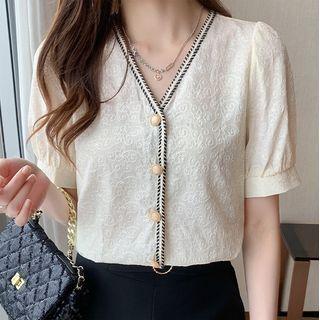 Short-sleeve Button-up V-neck Textured Top