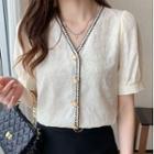 Short-sleeve Button-up V-neck Textured Top