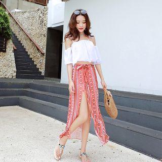 Set: Patterned Bikini + Off Shoulder Top + Skirt