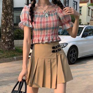 Puff-sleeve Plaid Shirred Frill Trim Top / Heart Buckle Pleated Mini A-line Skirt