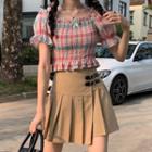 Puff-sleeve Plaid Shirred Frill Trim Top / Heart Buckle Pleated Mini A-line Skirt