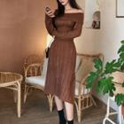 Long-sleeve A-line Midi Knit Dress Dark Brown - One Size