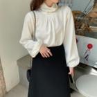 Mock-turtleneck Ruched Chiffon Blouse