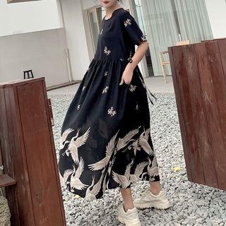 Cranes Print Short-sleeve Midi Dress Black - One Size