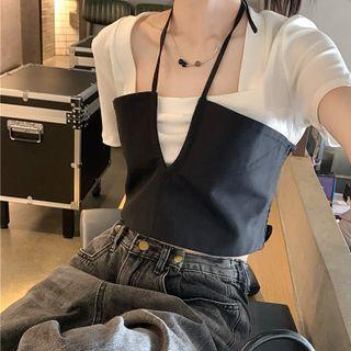 Mock Two-piece Short-sleeve Square-neck Crop Top Black & White - One Size