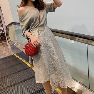 Set: Off-shoulder Short-sleeve T-shirt Dress + Sequined Midi Skirt