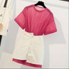 Set: Short-sleeve T-shirt + Mini Button A-line Skirt