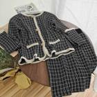 Set: Contrast Trim Plaid Cardigan + Knit Skirt