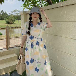 Short-sleeve Flower Print Midi A-line Dress Blue & Yellow & Green Flowers - White - One Size