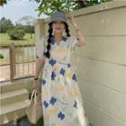 Short-sleeve Flower Print Midi A-line Dress Blue & Yellow & Green Flowers - White - One Size