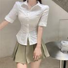 Short-sleeve Plain Shirt / High-waist Plain Pleated Skirt