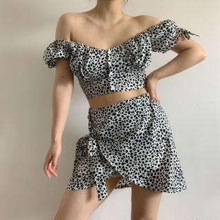 Set: Off-shoulder Dotted Crop Top + Mini Wrap Skirt
