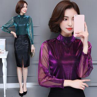 Plain Mock-neck Long-sleeve Mesh Top
