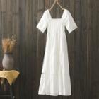 Eyelet Lace Short-sleeve Midi A-line Dress White - One Size