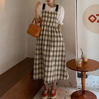 Puff-sleeve Blouse / Plaid Midi Jumper Dress