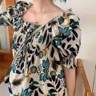 Elbow-sleeve Floral Print Blouse Off-white - One Size