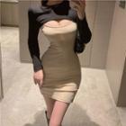 Long-sleeve Cut-out Two-tone Mini Sheath Dress