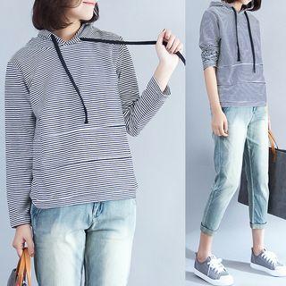 Striped Long-sleeve Hooded T-shirt Pinstripe - Black & White - One Size