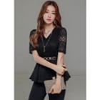 V-neck Buttoned Lace Peplum Top