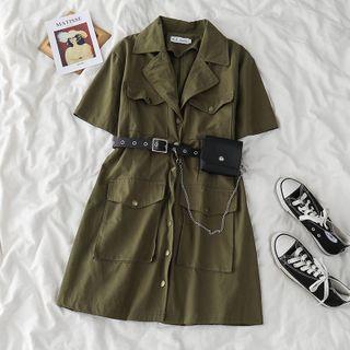 Plain Short-sleeve Shirtdress / Chain Belt Bag