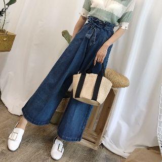 Tie-waist Denim Wide-leg Pants