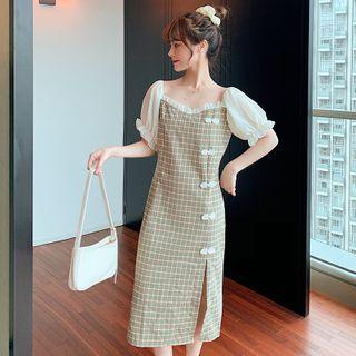 Puff-sleeve Checked Frog-buttoned A-line Midi Dress