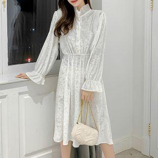 Long-sleeve Buttoned Frill Trim A-line Midi Dress