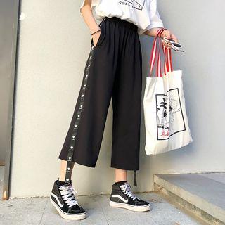 Heart Print Applique Cropped Wide Leg Pants