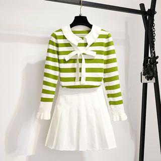 Set: Striped Knit Top + Pleated Skirt