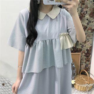 Ruffle Trim Short-sleeve Plaid A-line Dress